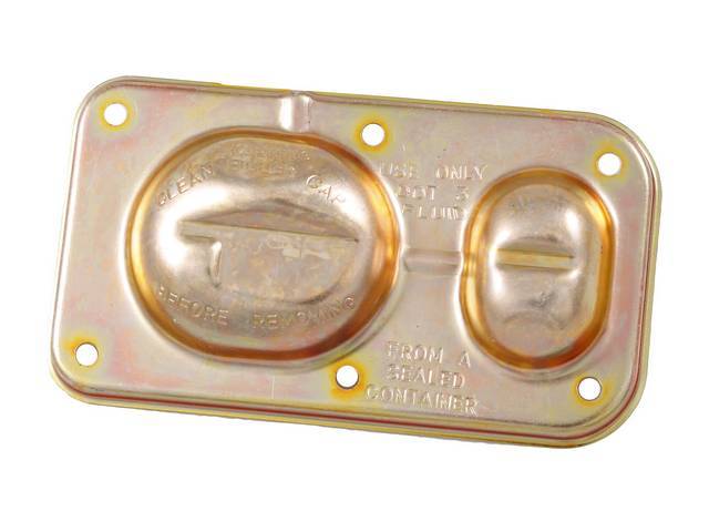 CAP / COVER, Master Cylinder Reservoir, 3 Inch X 5 5/8 Inch, rectangular cap w/ one large oval bump and one small oval bump, cap only, does not incl bail or diaphragm, oe correct repro