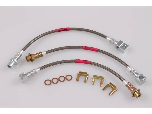 HOSE KIT, Braided Stainless Steel Hydraulic Brake, (3) incl two front disc brake hoses and a rear drum brake hose, Classic Tube StopFlex