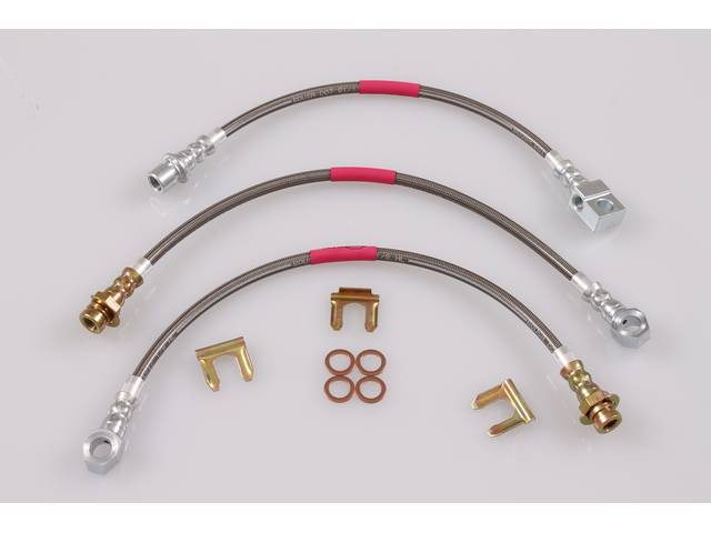 HOSE KIT, Braided Stainless Steel Hydraulic Brake, (3) incl two front disc brake hoses and a rear drum brake hose, Classic Tube StopFlex