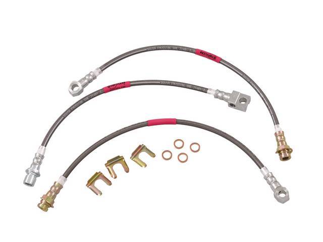 HOSE KIT, Braided Stainless Steel Hydraulic Brake, (3) incl two front disc brake hoses and a rear drum brake hose, Classic Tube StopFlex