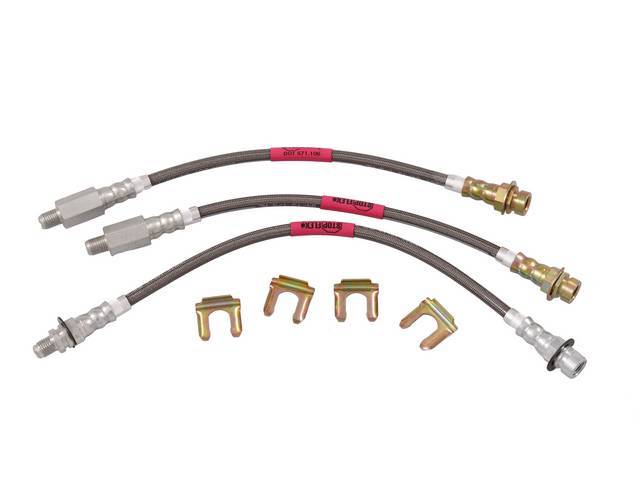 HOSE KIT, Braided Stainless Steel Hydraulic Brake, (3) incl two front drum brake hoses and a rear drum brake hose, Classic Tube StopFlex