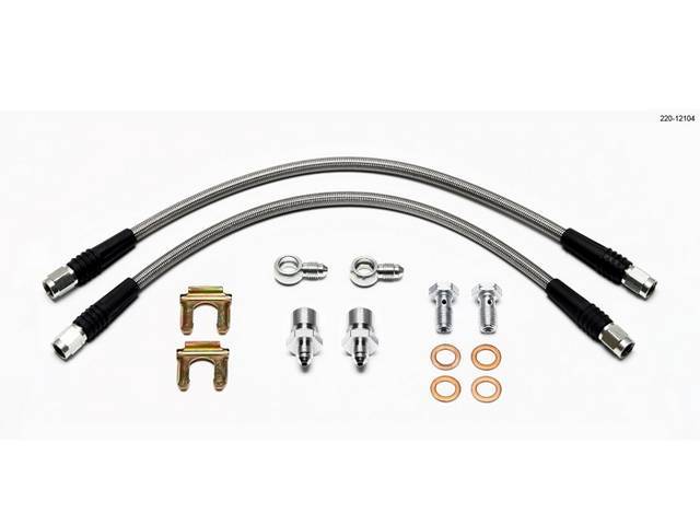 HOSE KIT, Braided Stainless Hydraulic Brake, Front, Wilwood, use w/ C-5800W-138 / -139 D154 calipers, 3/8 inch-24 inverted flare to 10 mm banjo bolt fluid inlets, incl two 14 inch length lines, six fittings, four brass washers and two clips