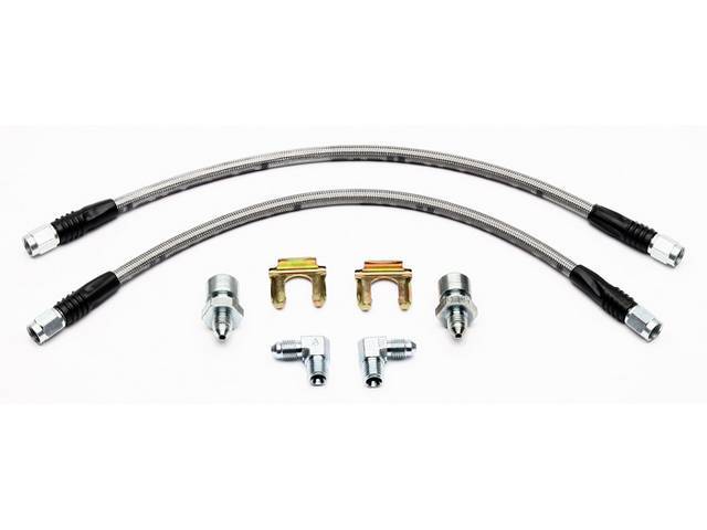 HOSE KIT, Braided Stainless Hydraulic Brake, Front, Wilwood, 3/8 inch-24 to 90 deg 1/8 inch-27 npt fluid inlets, incl two 14 inch length lines, four fittings and two clips, use w/ C-5800W-2DB / -2DR / -2SB / -2SR / -3DB / -3DR / -3SB / -3SR kits