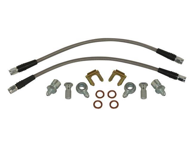 HOSE KIT, Braided Stainless Hydraulic Brake, Front, Wilwood, use w/ C-5800W-38 D52 calipers, 7/16 inch-20 banjo bolt fluid inlets, incl two 14 inch length lines, six fittings, four brass washers and two clips