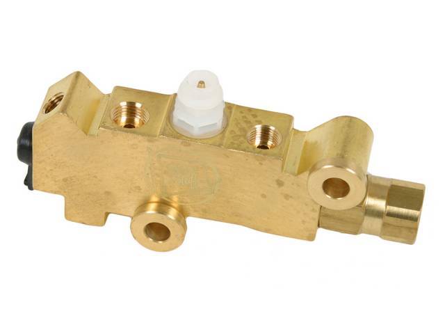 COMBINATION VALVE, Brake Pressure Regulator / Distribution, tuned for front disc / rear drum brake systems, does not incl bracket, natural brass finish, repro