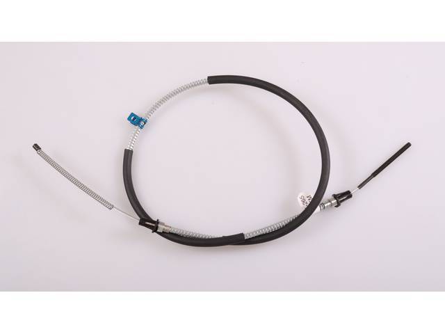 Parking Brake Cable, Rear Long, RH, Features Correct Spiral Armor Shielding, end fittings, and anchor point fittings at the backing plate and frame, OE Style Reproduction