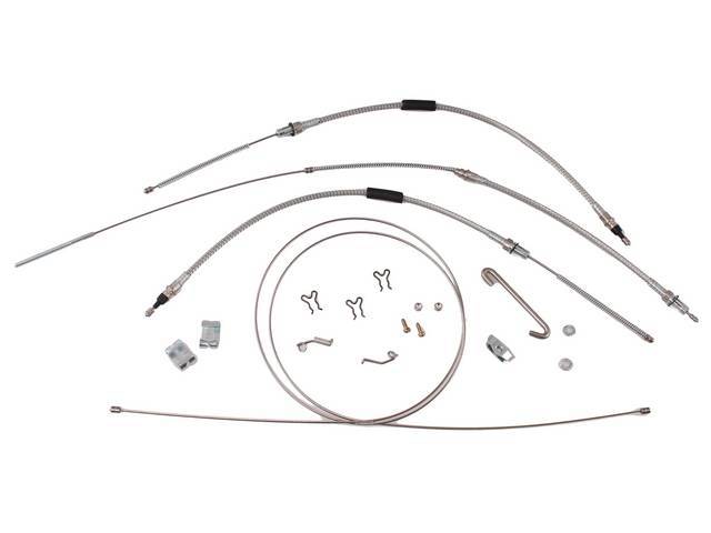 CABLE KIT, Parking Brake, incl front, intermediate, and rear cables, plus hardware, for a complete installation, stainless steel cables (non-OE style), repro