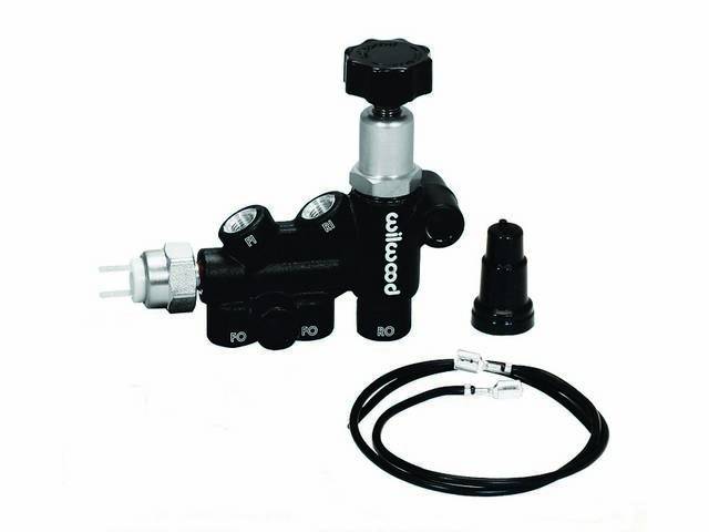 VALVE, Brake Distribution and Proportioning, Black Finish, incl pressure switch (stop light activation), 3/8 inch-24 inverted flare connections, Wilwood