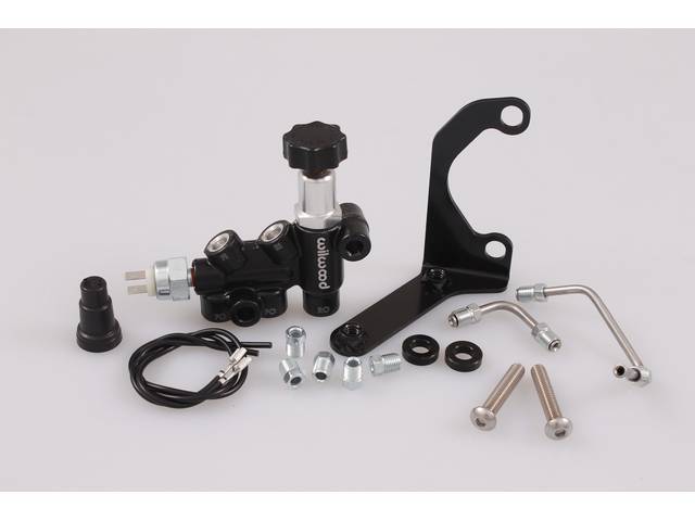 VALVE AND BRACKET ASSY, Brake Distribution and Proportioning, Black Finish, LH side mount (driver side), incl prop valve (p/n C-4874-31B) and bracket in black finish, stainless steel lines from master cylinder to prop valve, stainless steel fasteners, des