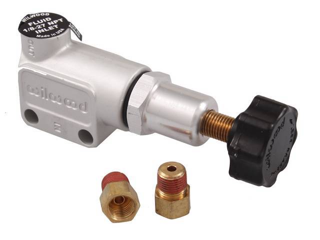 VALVE, Brake Fluid Proportioning, aluminum, incl a pair of 1/8 inch-27 NPT to 3/8 inch-24 inverted flare fittings (in / out ports on valve are 3/8 inch-24 inverted flare), allows for up to 57 percent decrease in line pressure, cast finish w/ black knob, W