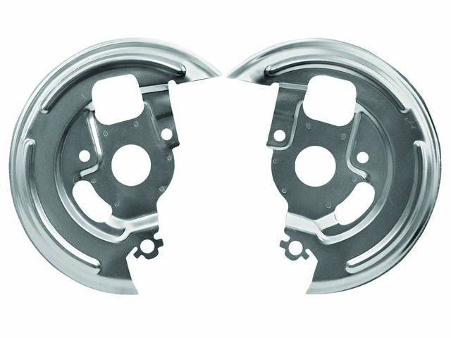 BACKING PLATE / SHIELD SET, Front Disc Brake Splash, replacement style repro  ** does not incl stamped OE number and edges are not as sharp **