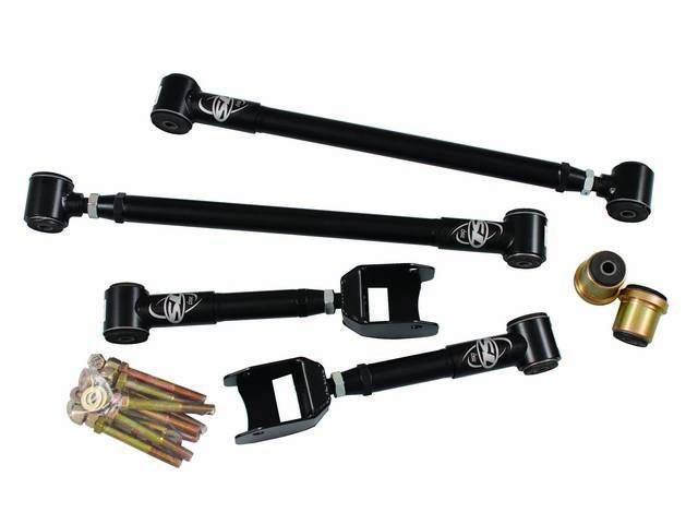 ARM SET, Rear Axle Control, Upper and Lower, Detroit Speed, satin black powder coated finish, their patented Swivel-Link system eliminate bind and allows the suspension to fully articulate w/o the use of noisy spherical rod ends, Swivel-Link Rear Links al