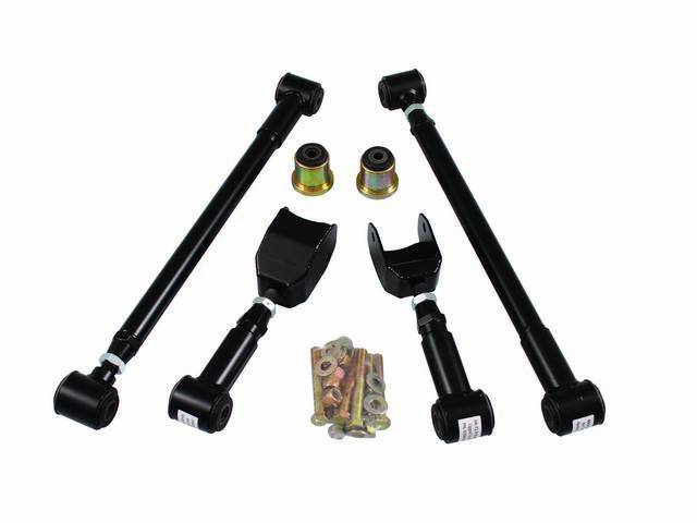 ARM SET, Rear Axle Control, Upper and Lower, Detroit Speed, satin black powder coated finish, their patented Swivel-Link system eliminate bind and allows the suspension to fully articulate w/o the use of noisy spherical rod ends, Swivel-Link Rear Links al