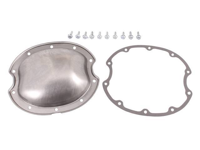 COVER KIT, Differential / Rear End, 10 Bolt w/ *C* shaped cutouts by axle tubes, incl bare steel cover (w/o filler plug), gasket and attaching bolts, Repro