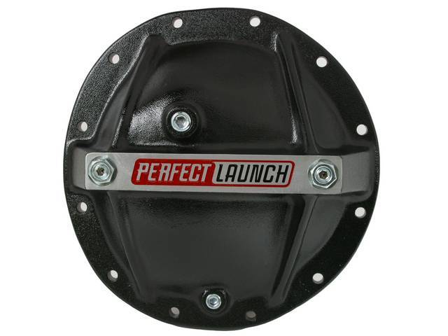 COVER, Differential / Rear End, GIRDLE-STYLE, 12-BOLT, W/ 8.875 Inch Ring Gear, ALUMINUM BLACK W/ PERFECT LAUNCH LOGO, W/ Filler AND DRAIN Plug, Repro