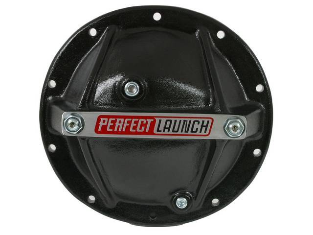 COVER, Differential / Rear End, 10 Bolt w/ 8.2" or 8.5" ring gear, girdle style, aluminum w/ *perfect launch* logo in black finish, incl filler and drain plug, Proform repro