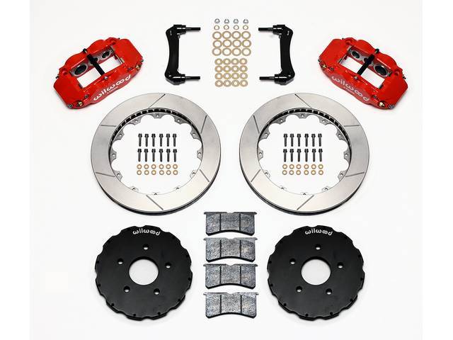 DISC CONVERSION KIT, Front Brake, Forged Narrow Superlite 6R Big Brake by Wilwood, designed for use w/ Detroit Speed subframe, kit incl Forged Narrow Superlite 6R 6 piston calipers (Red powder coated finish), GT slotted 13.06 inch diameter rotors, black E