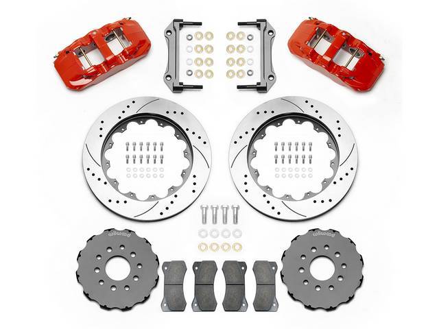 DISC CONVERSION KIT, Front Brake, AERO6 Big Brake by Wilwood, designed for use w/ Detroit Speed subframe, kit incl AERO6 6 piston calipers (Red powder coated finish), SRP drilled and slotted 14 inch diameter rotors, black E-coat aluminum hubs (accepts met