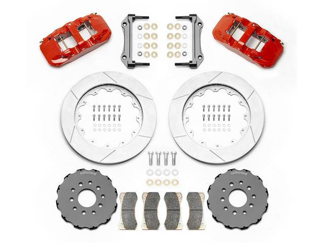 DISC CONVERSION KIT, Front Brake, AERO6 Big Brake by Wilwood, designed for use w/ Detroit Speed subframe, kit incl AERO6 6 piston calipers (Red powder coated finish), GT slotted 14 inch diameter rotors, black E-coat aluminum hubs (accepts metric or 1/2-20