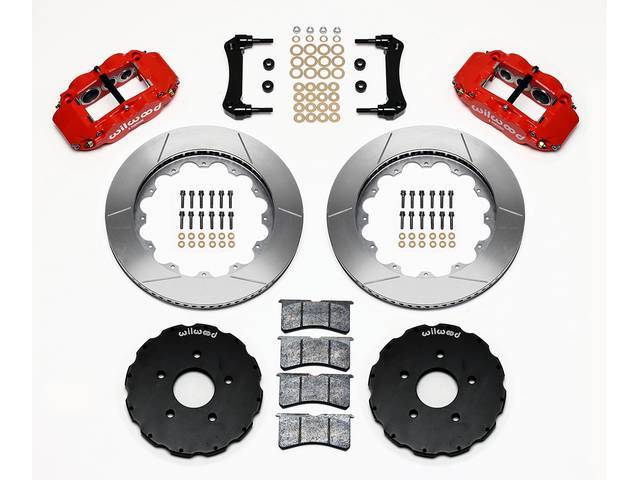 DISC CONVERSION KIT, Front Brake, Forged Narrow Superlite 6R Big Brake by Wilwood, designed for use w/ Detroit Speed subframe, kit incl Forged Narrow Superlite 6R 6 piston calipers (Red powder coated finish), GT slotted 14 inch diameter rotors, black E-co