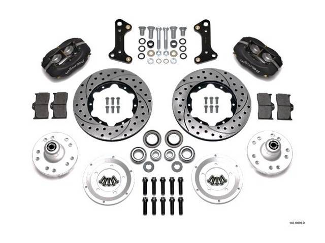 DISC CONVERSION KIT, Front Brake, Forged Dynalite Pro Series by Wilwood, kit incl Dynalite 4 piston calipers (Black anodize finish), SRP drilled and slotted 11 inch O.D. rotors, forged aluminum hubs (accepts 1/2-20 inch studs on a 5 x 4.5 inch or 5 x 4.75