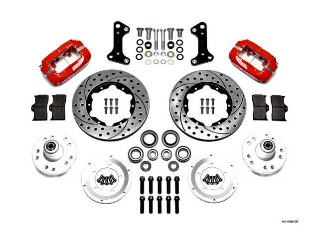 DISC CONVERSION KIT, Front Brake, Forged Dynalite Pro Series by Wilwood, kit incl Dynalite 4 piston calipers (Red power coated finish), SRP drilled and slotted 11 inch O.D. rotors, forged aluminum hubs (accepts 1/2-20 inch studs on a 5 x 4.5 inch or 5 x 4