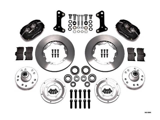 DISC CONVERSION KIT, Front Brake, Forged Dynalite Pro Series by Wilwood, kit incl Dynalite 4 piston calipers (Black anodize finish), plain face 11 inch O.D. rotors, forged aluminum hubs (accepts 1/2-20 inch studs on a 5 x 4.5 inch or 5 x 4.75 inch bolt ci