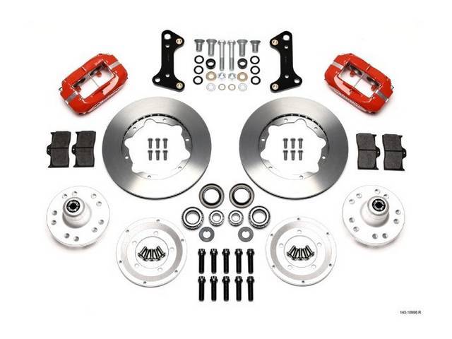 DISC CONVERSION KIT, Front Brake, Forged Dynalite Pro Series by Wilwood, kit incl Dynalite 4 piston calipers (Red power coated finish), plain face 11 inch O.D. rotors, forged aluminum hubs (accepts 1/2-20 inch studs on a 5 x 4.5 inch or 5 x 4.75 inch bolt