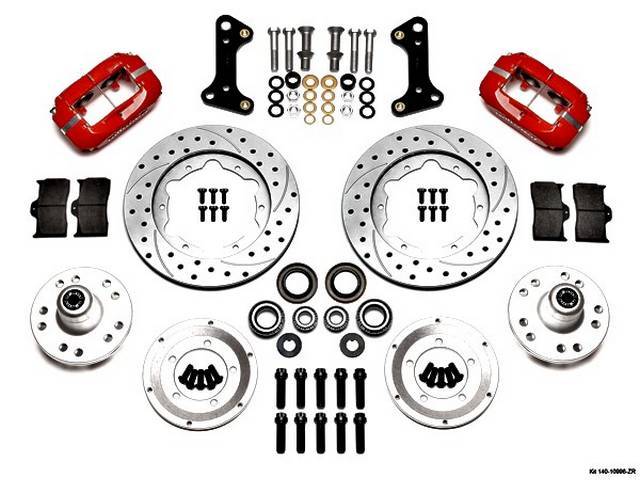 DISC CONVERSION KIT, Front Brake, Forged Dynalite Big Brake Pro Series by Wilwood, kit incl Dynalite 4 piston calipers (Red power coated finish), SRP drilled and slotted 12.19 inch diameter rotors, forged aluminum hubs (accepts 1/2-20 inch studs on a 5 x 
