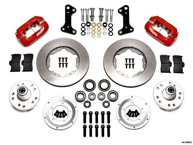 DISC CONVERSION KIT, Front Brake, Forged Dynalite Big Brake Pro Series by Wilwood, kit incl Dynalite 4 piston calipers (Red power coated finish), plain face 12.19 inch O.D. rotors, forged aluminum hubs (accepts 1/2-20 inch studs on a 5 x 4.5 inch or 5 x 4
