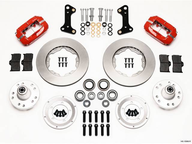 DISC CONVERSION KIT, Front Brake, Forged Dynalite Pro Series by Wilwood, kit incl Dynalite 4 piston calipers (Red powder coated finish), plain face 11 inch O.D. rotors, forged aluminum hubs (accepts 1/2-20 inch studs on a 5 x 4.5 inch or 5 x 4.75 inch bol