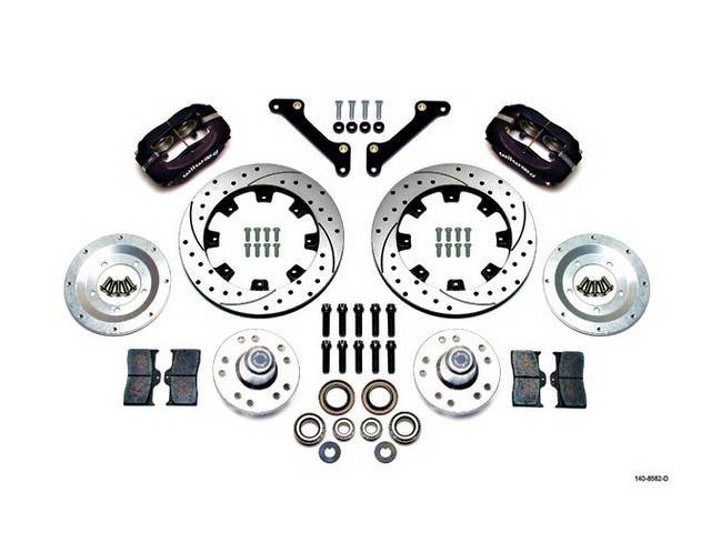 DISC CONVERSION KIT, Front Brake, Forged Dynalite Big Brake Pro Series by Wilwood, kit incl Dynalite 4 piston calipers (Black powder coated finish), SRP drilled and slotted 12.19 inch diameter rotors, forged aluminum hubs (accepts 1/2-20 inch studs on a 5