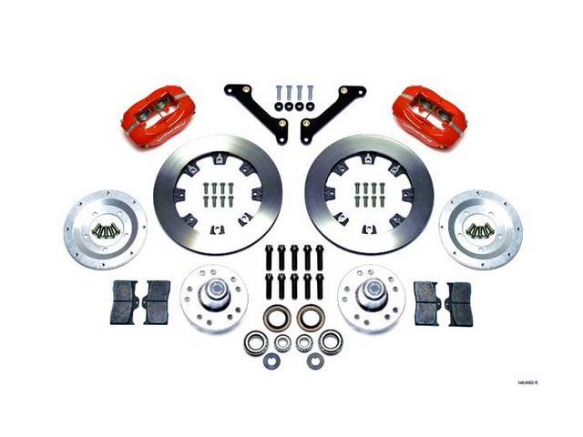DISC CONVERSION KIT, Front Brake, Forged Dynalite Big Brake Pro Series by Wilwood, kit incl Dynalite 4 piston calipers (Red power coated finish), SRP drilled and slotted 12.19 inch diameter rotors, forged aluminum hubs (accepts 1/2-20 inch studs on a 5 x 