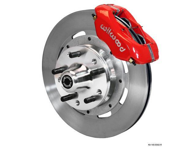 DISC CONVERSION KIT, Front Brake, Forged Dynalite Big Brake Pro Series by Wilwood, kit incl Dynalite 4 piston calipers (Red power coated finish), plain face 12.19 inch diameter rotors, forged aluminum hubs (accepts 1/2-20 inch studs on a 5 x 4.5 inch or 5