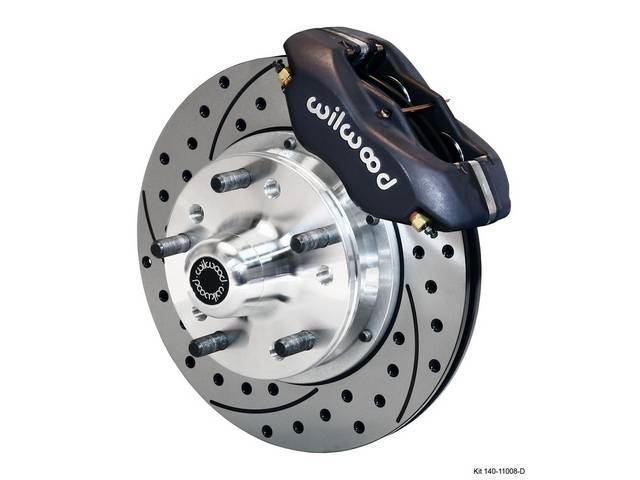 DISC CONVERSION KIT, Front Brake, Forged Dynalite Pro Series by Wilwood, kit incl Dynalite 4 piston calipers (Black anodize finish), SRP drilled and slotted 11 inch diameter rotors, forged aluminum hubs (accepts 1/2-20 inch studs on a 5 x 4.5 inch or 5 x 