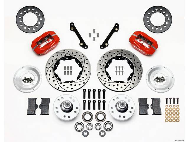 DISC CONVERSION KIT, Front Brake, Forged Dynalite Pro Series by Wilwood, kit incl Dynalite 4 piston calipers (Red power coated finish), SRP drilled and slotted 11 inch diameter rotors, forged aluminum hubs (accepts 1/2-20 inch studs on a 5 x 4.5 inch or 5
