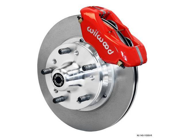 DISC CONVERSION KIT, Front Brake, Forged Dynalite Pro Series by Wilwood, kit incl Dynalite 4 piston calipers (Red powder coated finish), plain face 11 inch diameter rotors, forged aluminum hubs (accepts 1/2-20 inch studs on a 5 x 4.5 inch or 5 x 4.75 inch