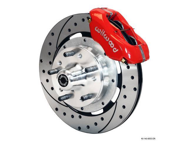 DISC CONVERSION KIT, Front Brake, Forged Dynalite Pro Series by Wilwood, kit incl Dynalite 4 piston calipers (Red power coated finish), SRP drilled and slotted 12.19 inch diameter rotors, forged aluminum hubs (accepts 1/2-20 inch studs on a 5 x 4.5 inch o