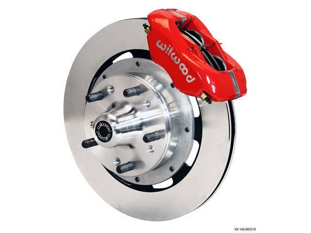 DISC CONVERSION KIT, Front Brake, Forged Dynalite Pro Series by Wilwood, kit incl Dynalite 4 piston calipers (Red power coated finish), plain face 12.19 inch diameter rotors, forged aluminum hubs (accepts 1/2-20 inch studs on a 5 x 4.5 inch or 5 x 4.75 in