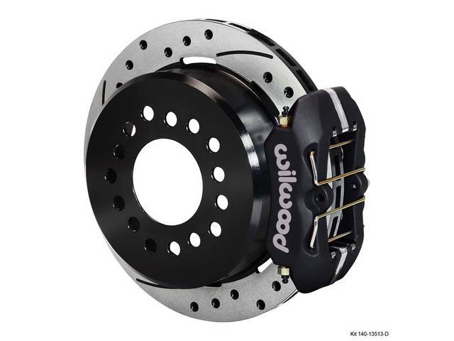 DISC CONVERSION KIT, Rear, Low Profile Dynapro Series by Wilwood, 2.75 axle offset (most common), kit incl Dynalite 4 piston calipers (Black anodize finish), SRP drilled and slotted 11 inch O.D. iron rotors (5 x 4.75 inch bolt circle and drilled to slide 