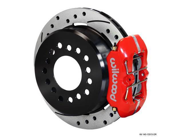 DISC CONVERSION KIT, Rear, Low Profile Dynapro Series by Wilwood, 2.75 axle offset (most common), kit incl Dynalite 4 piston calipers (Red powder coated finish), SRP drilled and slotted 11 inch O.D. iron rotors (5 x 4.75 inch bolt circle and drilled to sl
