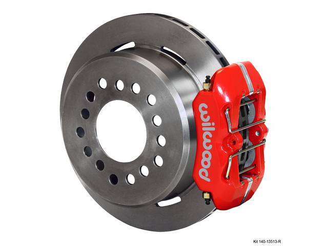 DISC CONVERSION KIT, Rear, Low Profile Dynapro Series by Wilwood, 2.75 axle offset (most common), kit incl Dynalite 4 piston calipers (Red powder coated finish), plain face 11 inch O.D. iron rotors (5 x 4.75 inch bolt circle and drilled to slide over 1/2 