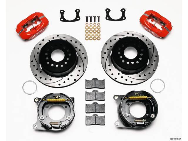 DISC CONVERSION KIT, Rear, Forged Dynalite Series by Wilwood, 2.75 axle offset (most common), kit incl Dynalite 4 piston calipers (Red powder coated finish), SRP drilled and slotted 12.19 inch O.D. iron rotors (5 x 4.75 inch bolt circle and drilled to sli