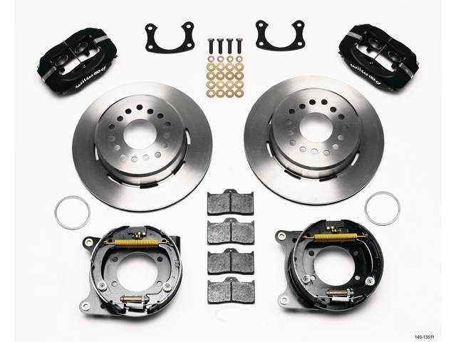 DISC CONVERSION KIT, Rear, Forged Dynalite Series by Wilwood, 2.75 axle offset (most common), kit incl Dynalite 4 piston calipers (Black anodize finish), plain face 12.19 inch O.D. iron rotors (5 x 4.75 inch bolt circle and drilled to slide over 1/2 inch 