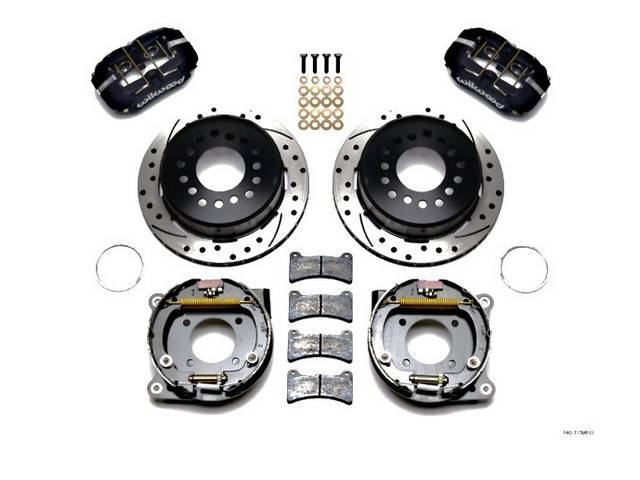 DISC CONVERSION KIT, Rear, Low Profile Dynapro Series by Wilwood, fits 2.75 and 2.81 axle offset, kit incl Dynalite 4 piston calipers (Black powder coated finish), SRP drilled and slotted 11 inch O.D. iron rotors (5 x 4.75 inch bolt circle and drilled to 