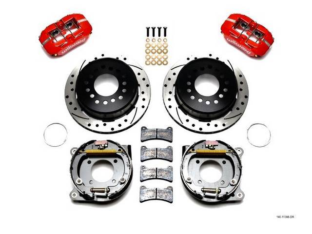 DISC CONVERSION KIT, Rear, Low Profile Dynapro Series by Wilwood, fits 2.75 and 2.81 axle offset, kit incl Dynalite 4 piston calipers (Red powder coated finish), SRP drilled and slotted 11 inch O.D. iron rotors (5 x 4.75 inch bolt circle and drilled to sl