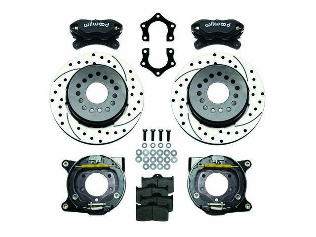 DISC CONVERSION KIT, Rear, Forged Dynalite Series by Wilwood, fits 2.75 and 2.81 axle offset, kit incl Dynalite 4 piston calipers (Black anodize finish), SRP drilled and slotted 12.19 inch O.D. iron rotors (5 x 4.75 inch bolt circle and drilled to slide o