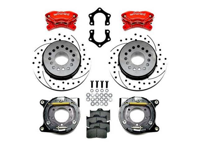 DISC CONVERSION KIT, Rear, Forged Dynalite Series by Wilwood, fits 2.75 and 2.81 axle offset, kit incl Dynalite 4 piston calipers (Red powder coated finish), SRP drilled and slotted 12.19 inch O.D. iron rotors (5 x 4.75 inch bolt circle and drilled to sli