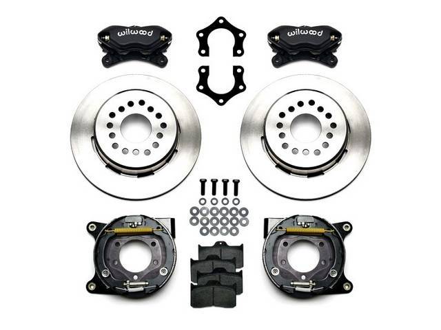 DISC CONVERSION KIT, Rear, Forged Dynalite Series by Wilwood, fits 2.75 and 2.81 axle offset, kit incl Dynalite 4 piston calipers (Black powder coated finish), plain face 12.19 inch O.D. iron rotors (5 x 4.75 inch bolt circle and drilled to slide over 1/2