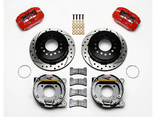DISC CONVERSION KIT, Rear, Low Profile Dynapro Series by Wilwood, fits 2.75 and 2.81 axle offset, kit incl Dynalite 4 piston calipers (Red powder coated finish), SRP drilled and slotted 11 inch O.D. iron rotors (5 x 4.75 inch bolt circle and drilled to sl